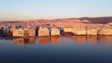 Thessaloniki-Greece-Waterfront-at-Sunset,-with-crisp-water-reflections