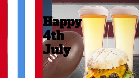 Animation-of-happy-4th-july-text-over-rugby-ball,-hamburger-and-beers-with-american-flag