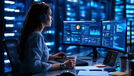 female data analyst wearing headphones is focused on multiple computer screens in a dark server room, analyzing data visualizations and metrics, surrounded by technology and digital displays
