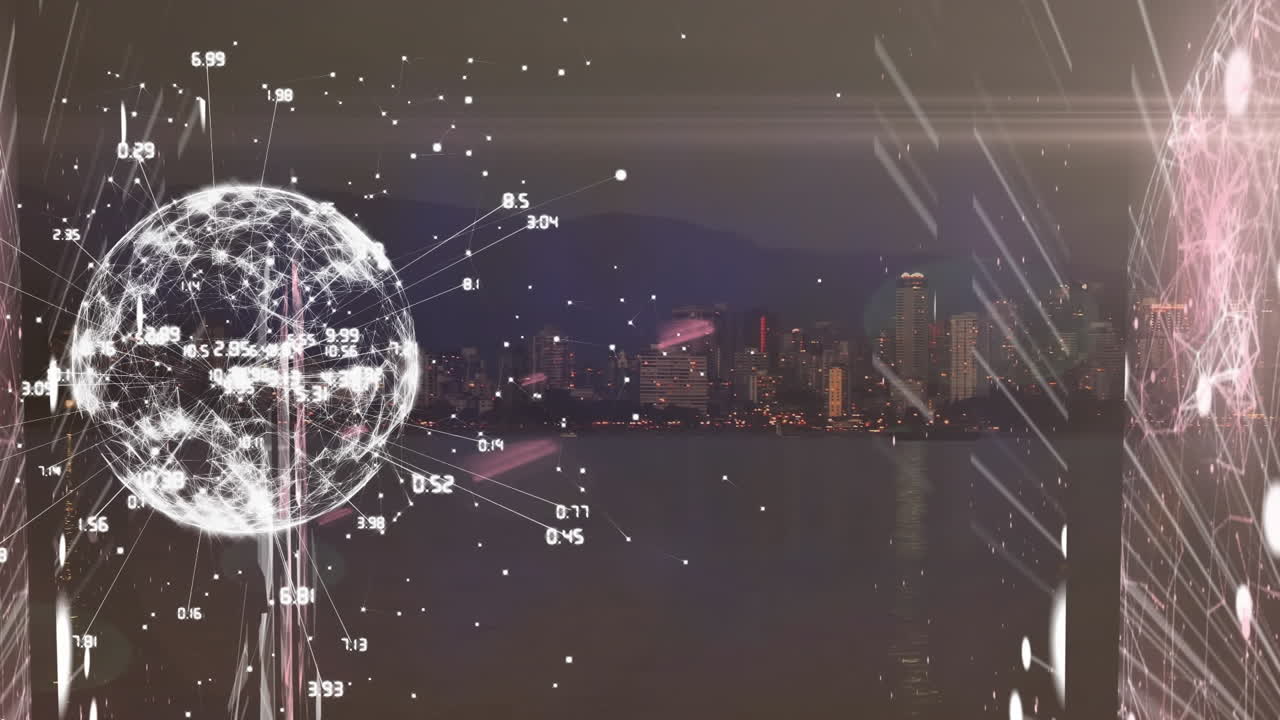 연결 네트워크와 도시 풍경 위의 지구의 애니메이션