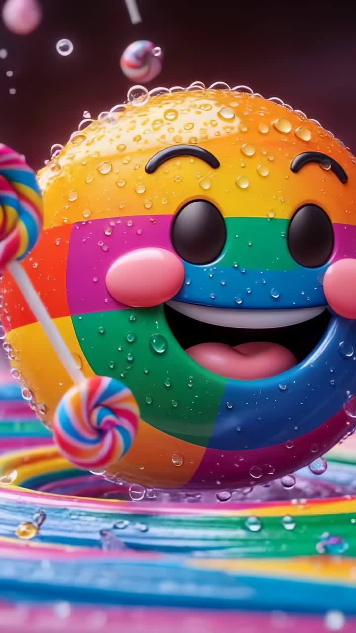 Vertical video: Rotating candy sphere revealing stripes in candy pool, as swirl lollipops crossing