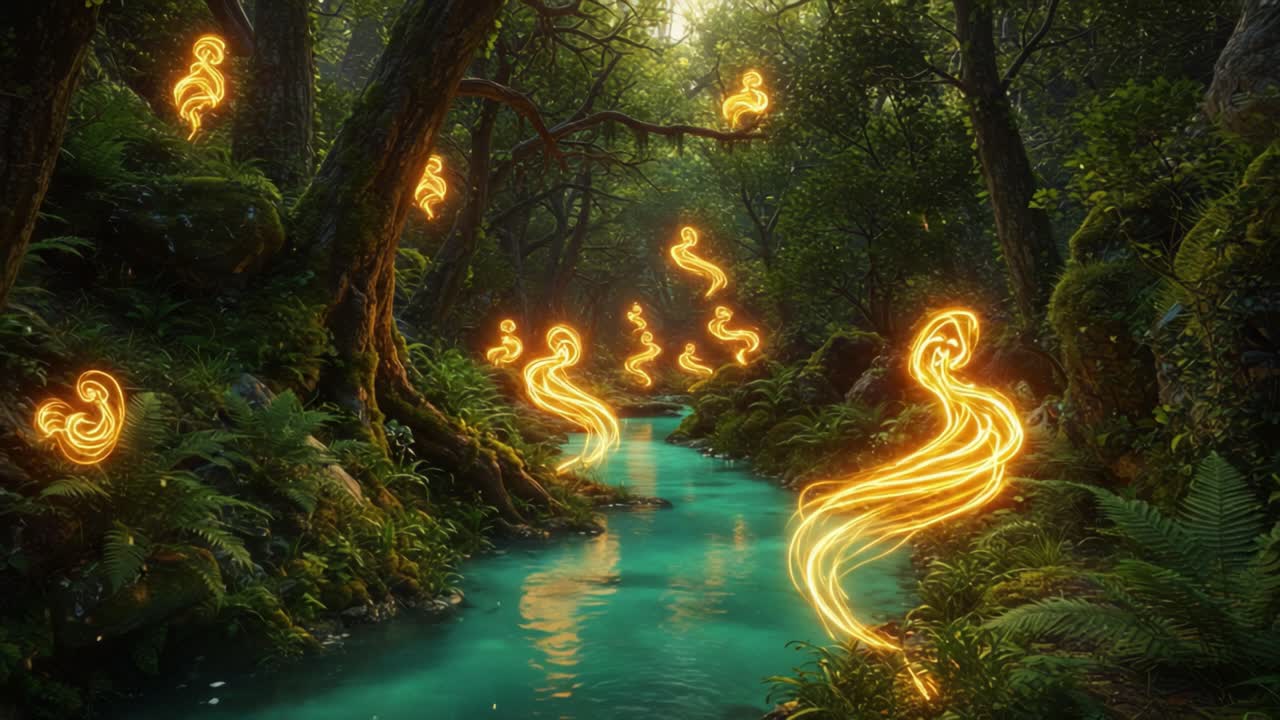 Enchanting Forest with Glowing Wisps and a Serene Stream: A Journey Through Nature's Magical Realm Captured in Breathtaking Detail
