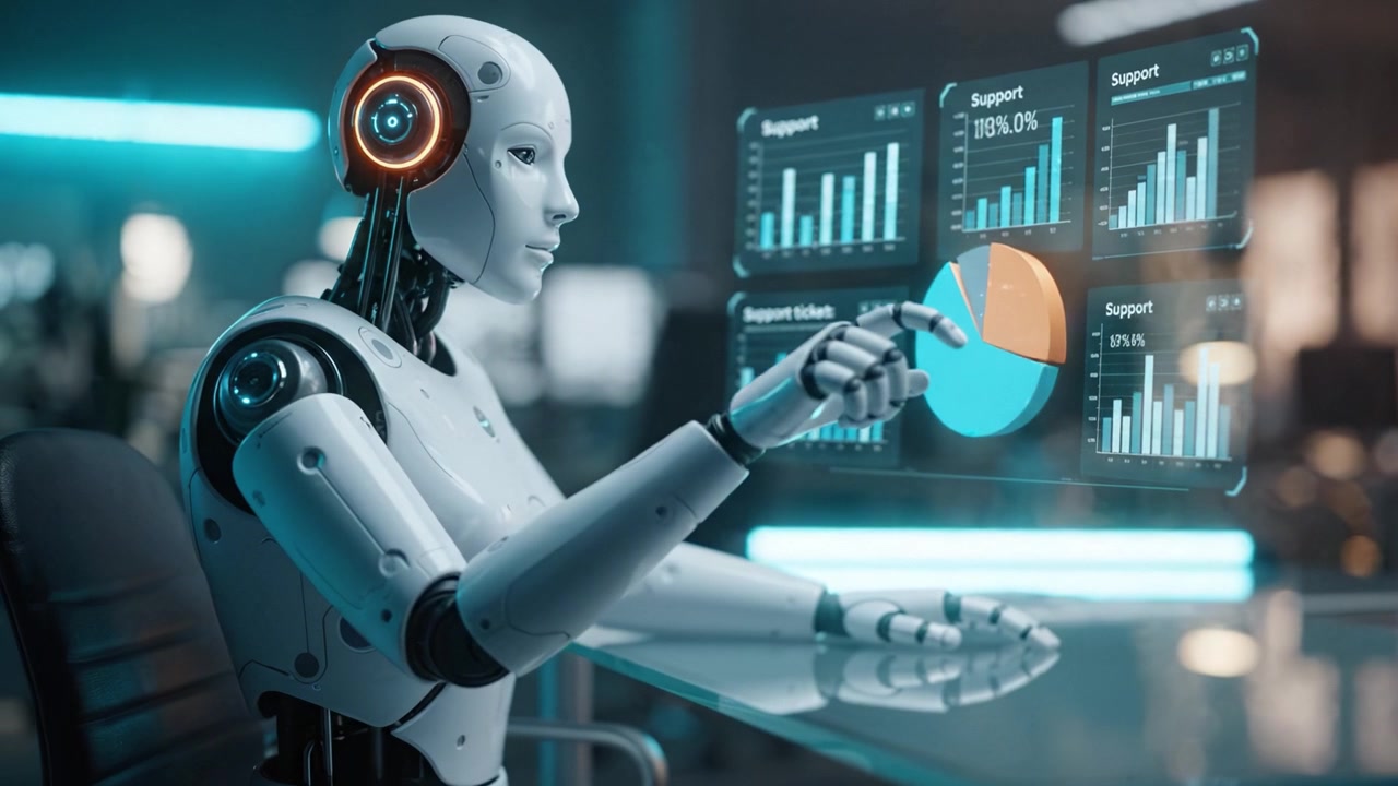 A Sophisticated Robot Utilizing Advanced Technology to Provide Analytical Support and Insights Through Data Visualization, Signifying the Future of Artificial Intelligence.