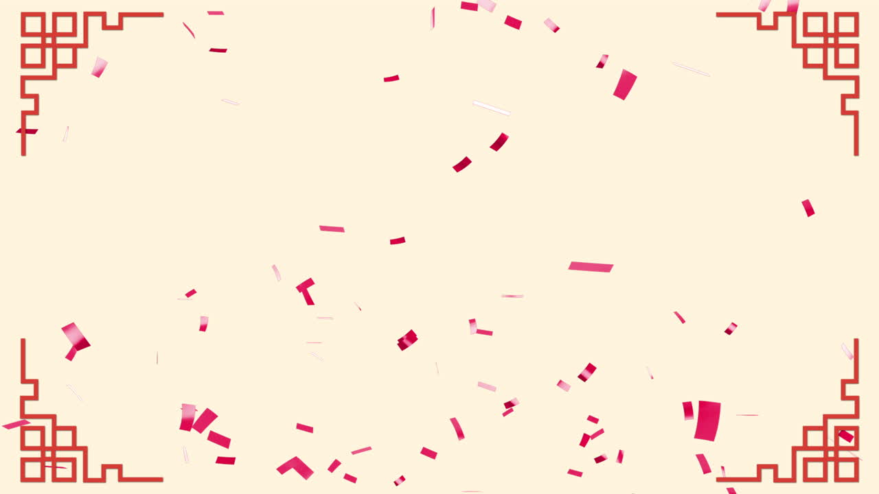 animación de patrón chino y confeti cayendo sobre un fondo amarillo
