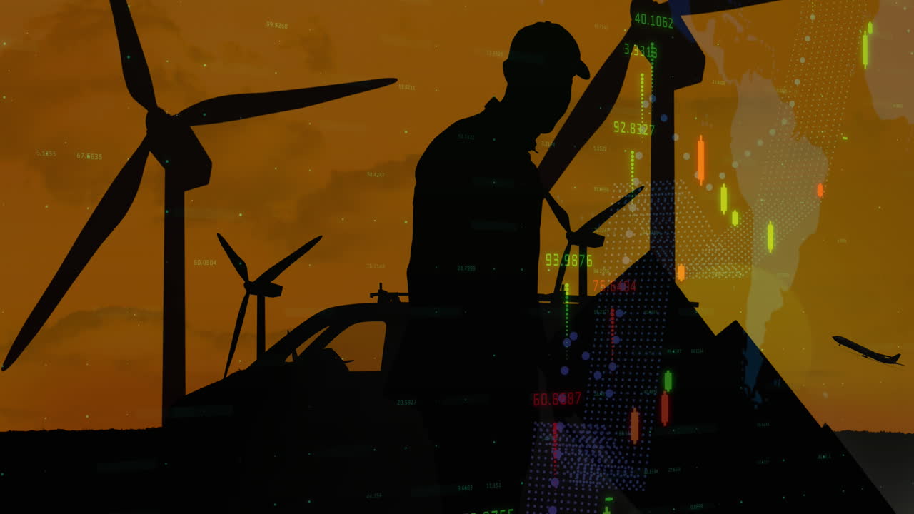 풍력 터빈을 통해 데이터 처리의 애니메이션과 카드보드 상자를 가진 배달 남자