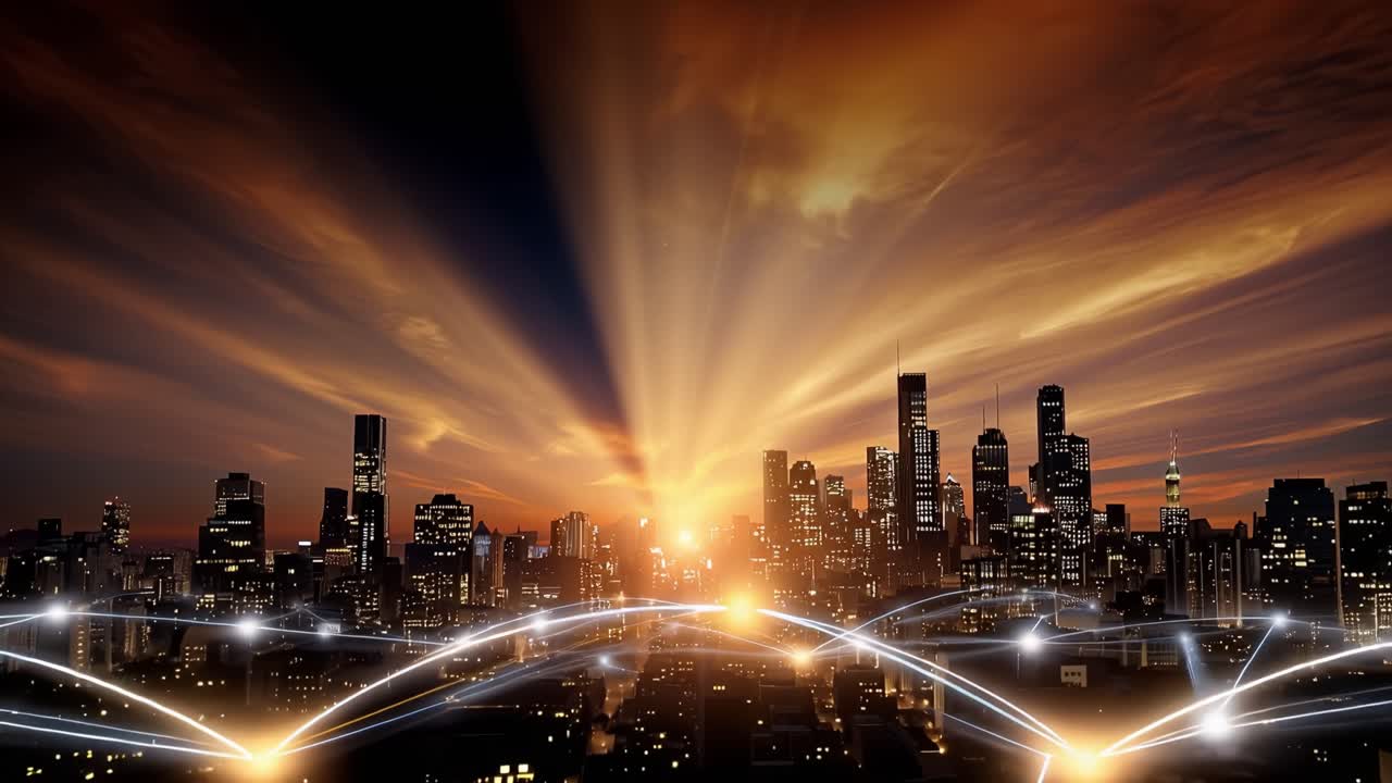 Stunning Urban Sunset Over a Skyscraper-Laden City Skyline Illuminated by Glowing Network Connections Representing Digital Connectivity and Innovation