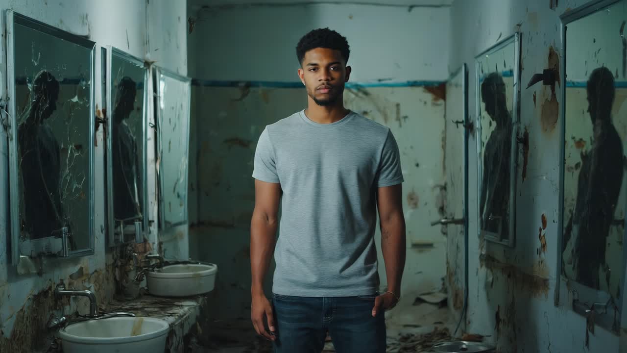 Young Man Standing in a Dilapidated Public Restroom