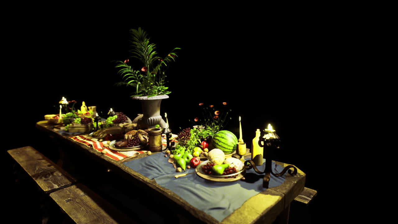 Joyous celebratory feast holiday gathering with food and lights
