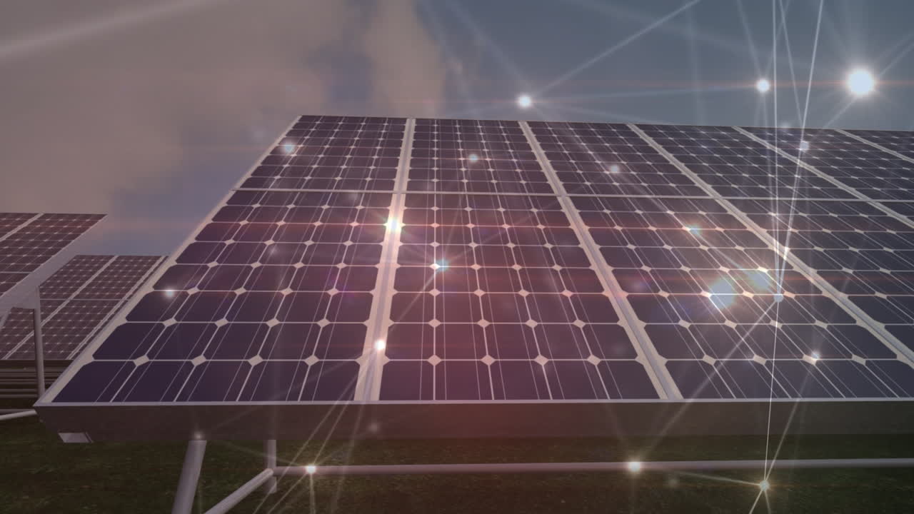 Animazione di una rete di connessioni con luci sopra pannelli solari.