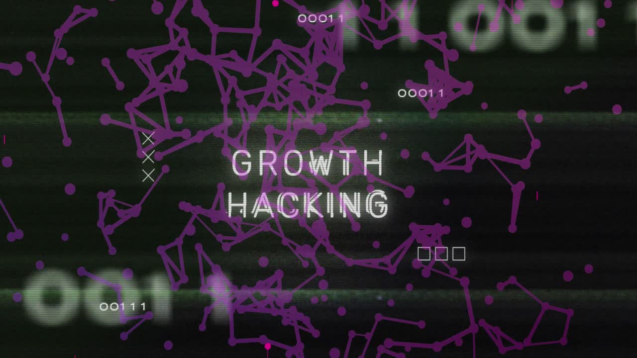 Animation of growth hacking text and data processing over computer motherboard