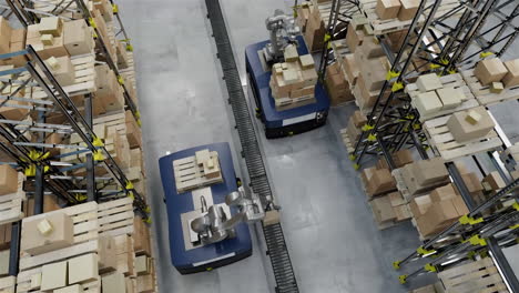 animation of robots and drones working in warehouse