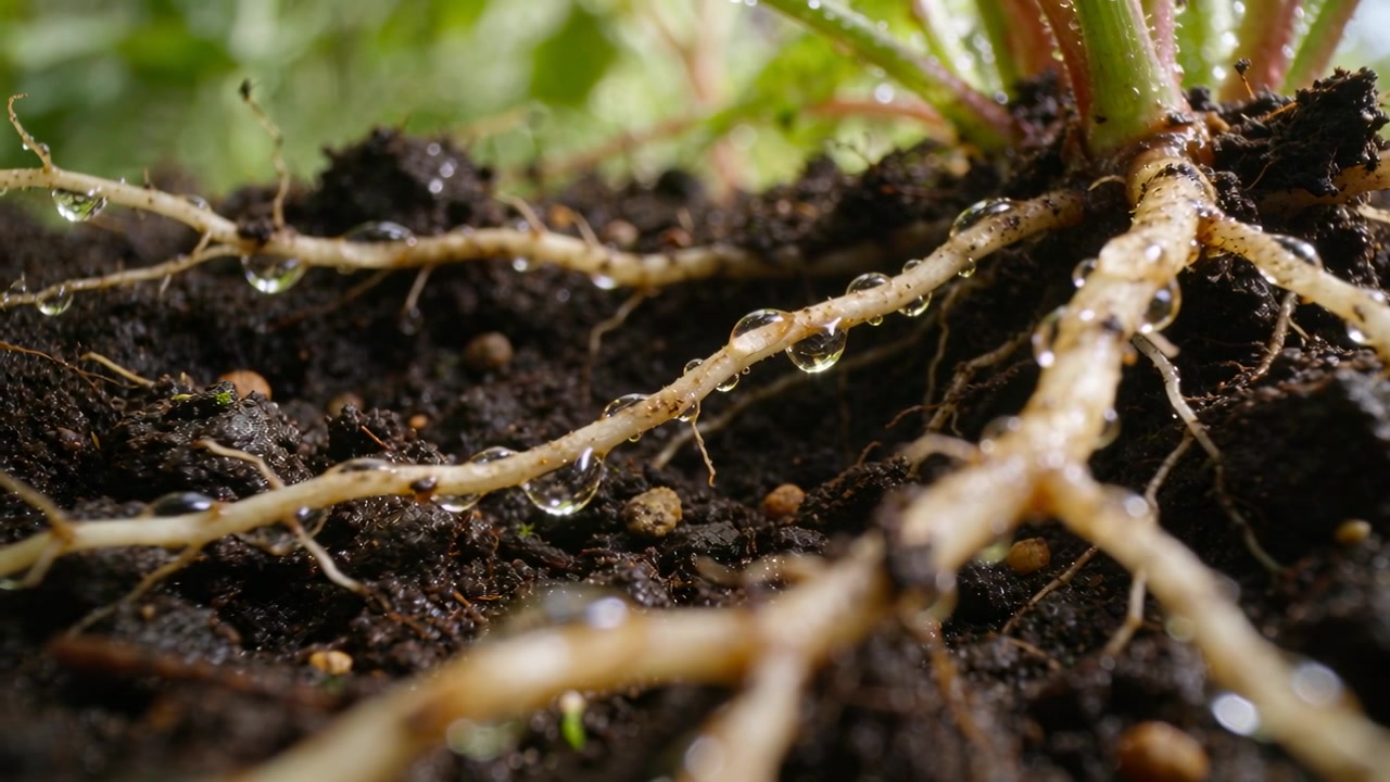 Revealing plant roots shedding droplets at soil level as soil exuding moisture, coalescing beads