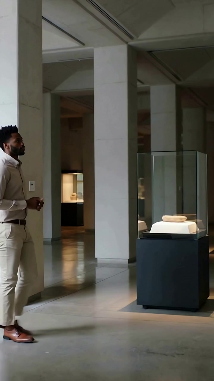 Vertical video: Entering left, man in top tan pants pausing by glass case in museum studying object