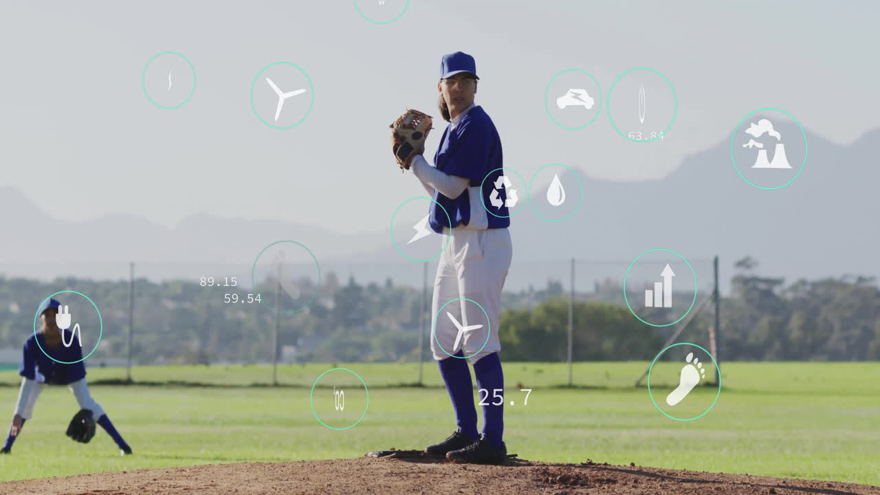 female pitcher winding up on baseball mound, showing sports analytics HUD with turbine plug icons