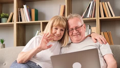 senior couple engages in a video call on laptop at home