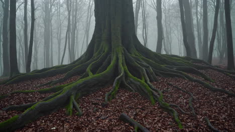 ancient tree with mossy roots in a misty forest