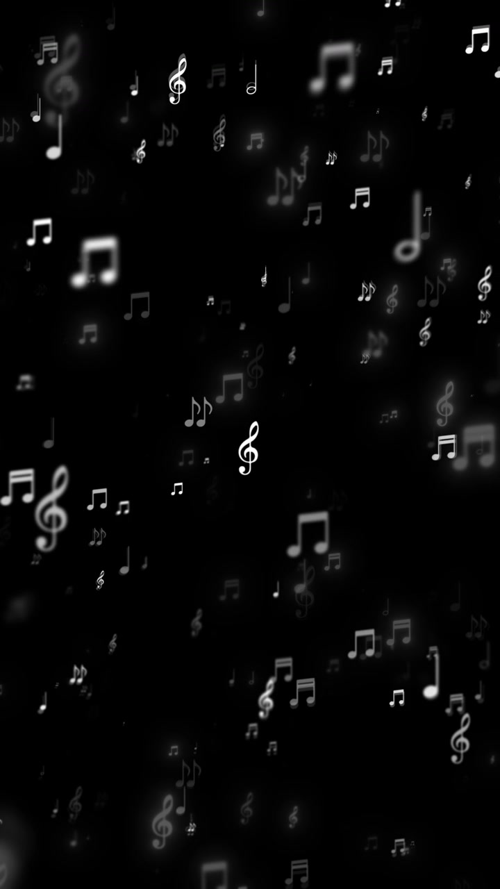 Sfondo nero con note musicali fluttuanti, simboli bianchi delicati, bagliore bokeh sfocato e un'eleganza scura.