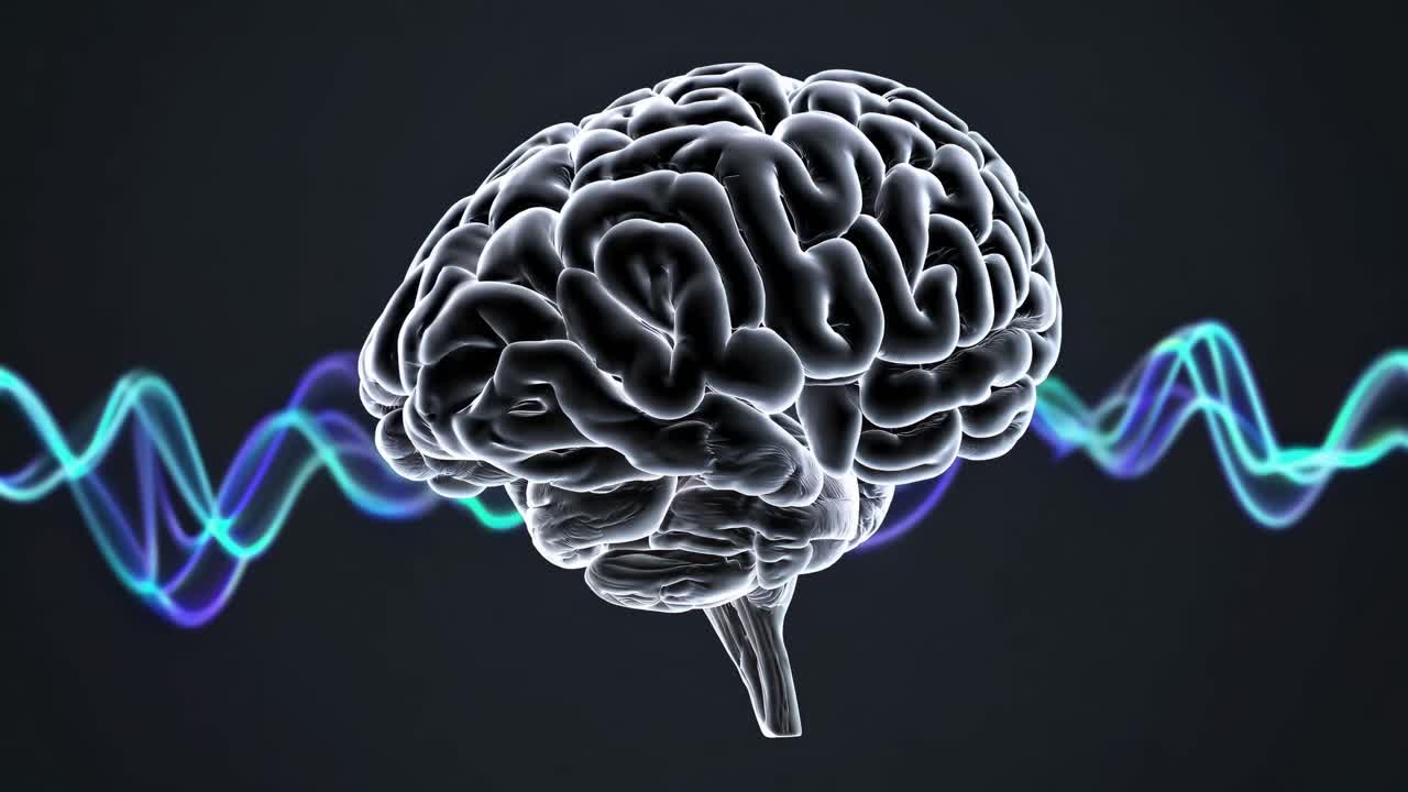 Futuristic video concept of a 3D brain model with neon waves, captured from a side angle