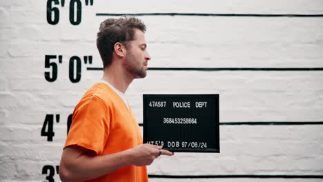 man in orange jumpsuit holding mugshot board