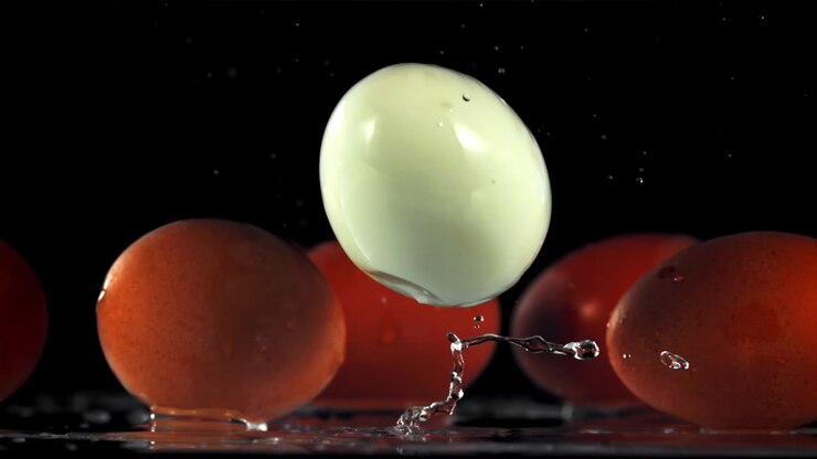 Slow Motion of Peeled Egg Falling onto Brown Eggs and Splashing Water