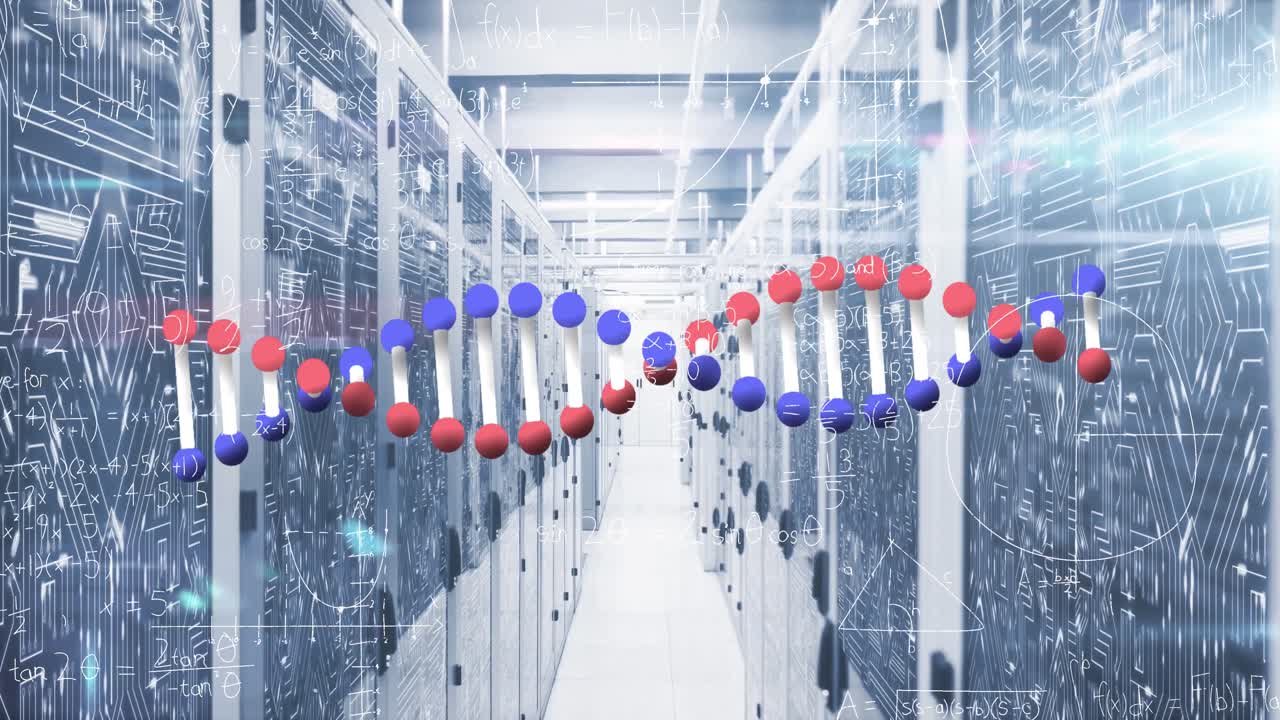 animación del procesamiento de datos y la cadena de adn sobre la sala del servidor