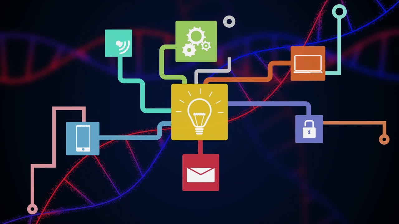 Connected technology icons over DNA strand, showcasing animation in digital network