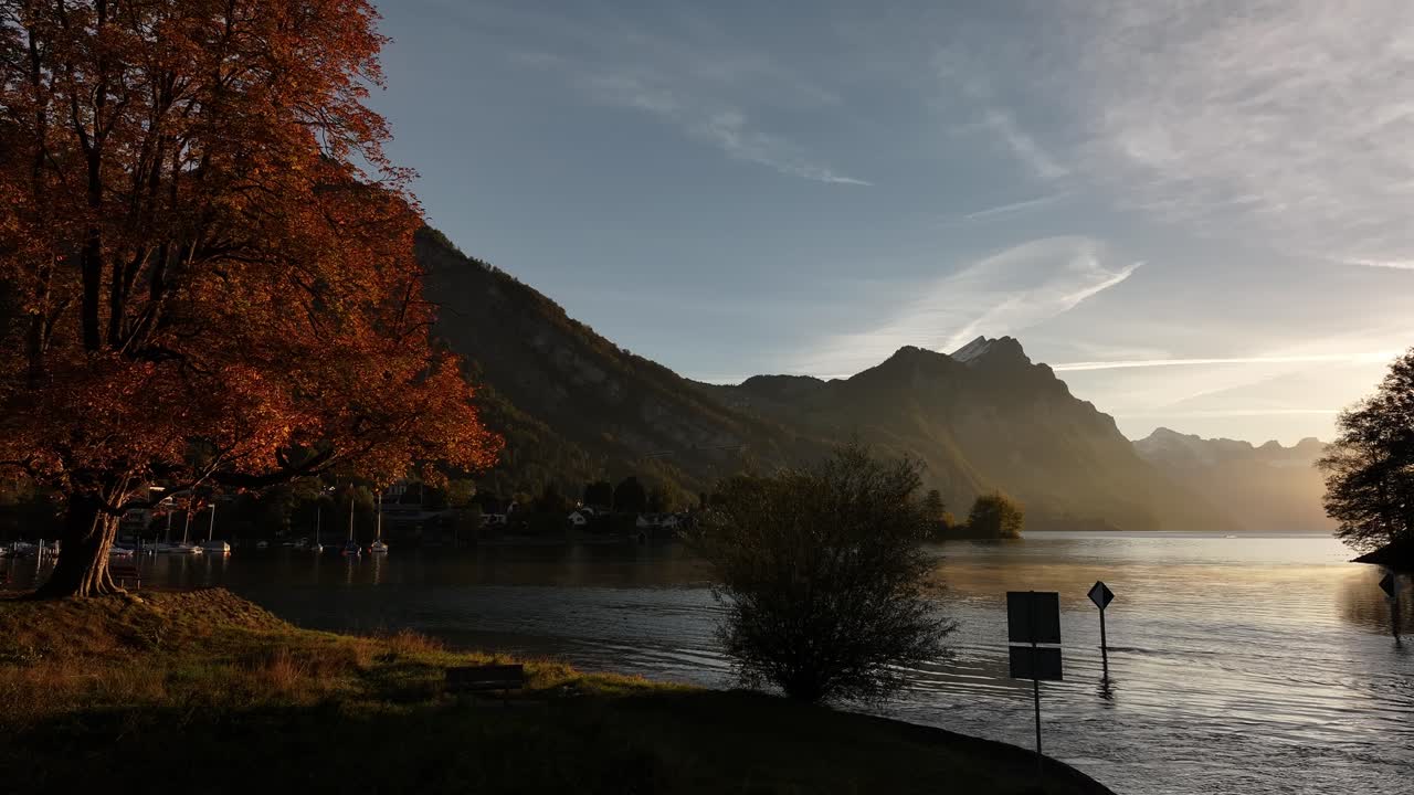 Low-angle sunlight casts a warm glow over Walensee Lake in Switzerland, the autumn landscape. Vibrant trees encircle the lake, providing a striking contrast to the shimmering waters.