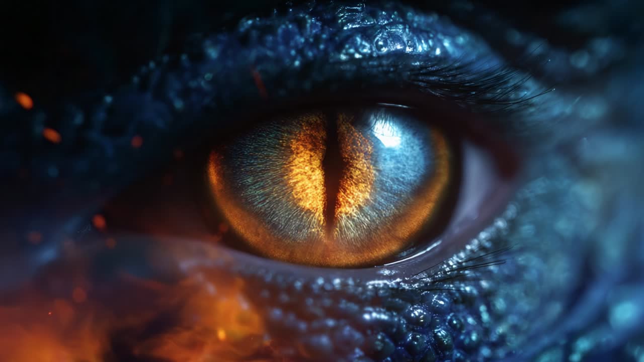 A Mesmerizing Close-Up of a Mythical Creature's Eye, Captured in Stunning Detail, Showcasing the Intense Colors and Unique Texture of Its Scales, Blending Fantasy with Reality Through Artistic Vision