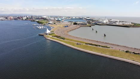 aerial backwards shot of cardiff bay and docks on a sunny day