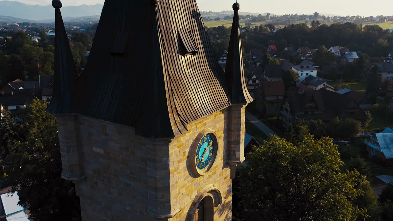 Southern Poland Church Tower Clock - Beautiful Slow Drone Aerial Shot