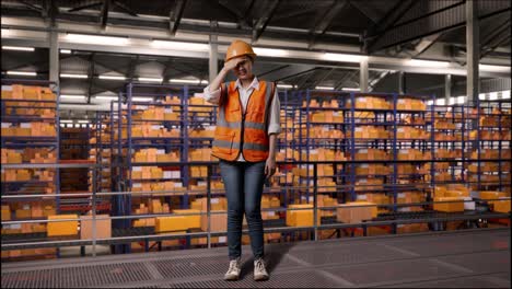 cuerpo lleno de ingeniera asiática con casco de seguridad que tiene dolor de cabeza mientras está de pie en el almacén con estantes llenos de mercancías de entrega