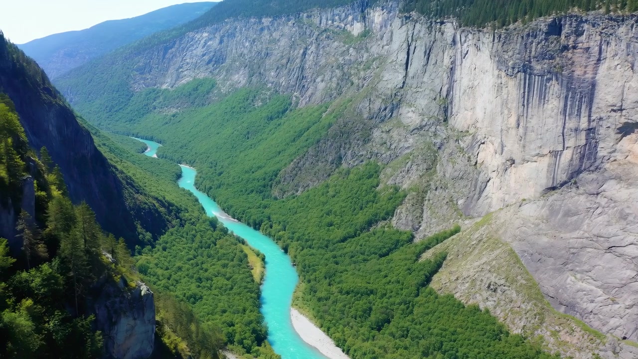 Acqua turchese brillante si snoda attraverso una fitta foresta verde alla base di ripide scogliere rocciose, mentre la luce del sole rivela pendii montuosi a strati e un'ampia valle che si estende in lontananza
