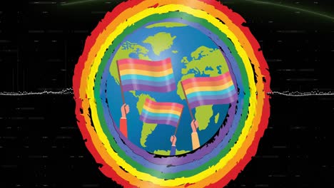 Animation-of-cropped-hands-holding-lgbtqi-flags-on-globe,-lgbqi-circles-over-graphs