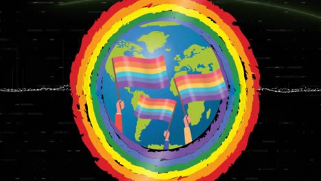 animation of cropped hands holding lgbtqi flags on globe, lgbqi circles over graphs