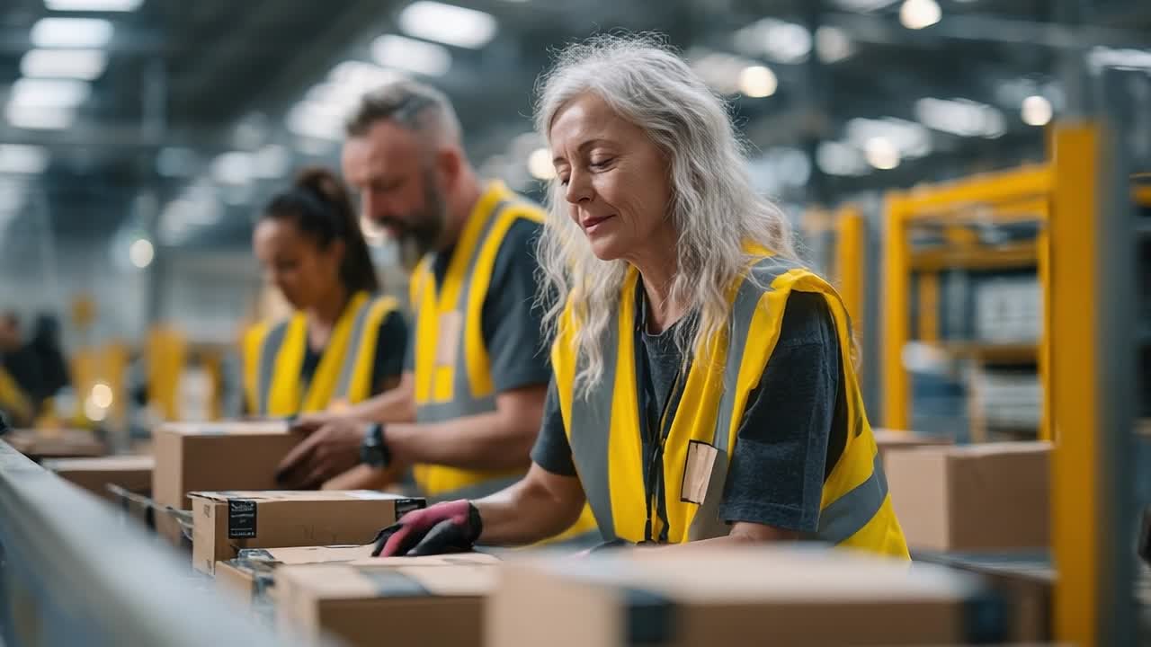 Arbeiter sortieren Pakete in einem geschäftigen Lager bei Tageslicht