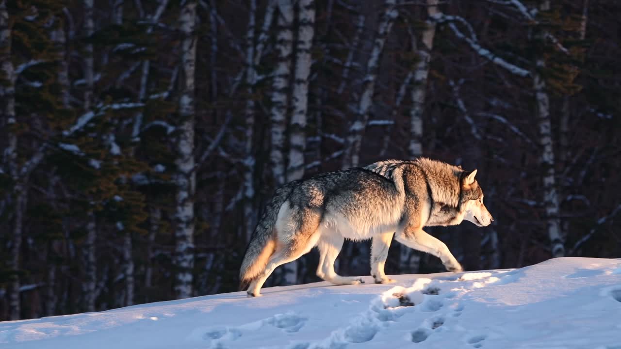 A wolf walks through snowy terrain, captured in a side profile video shot