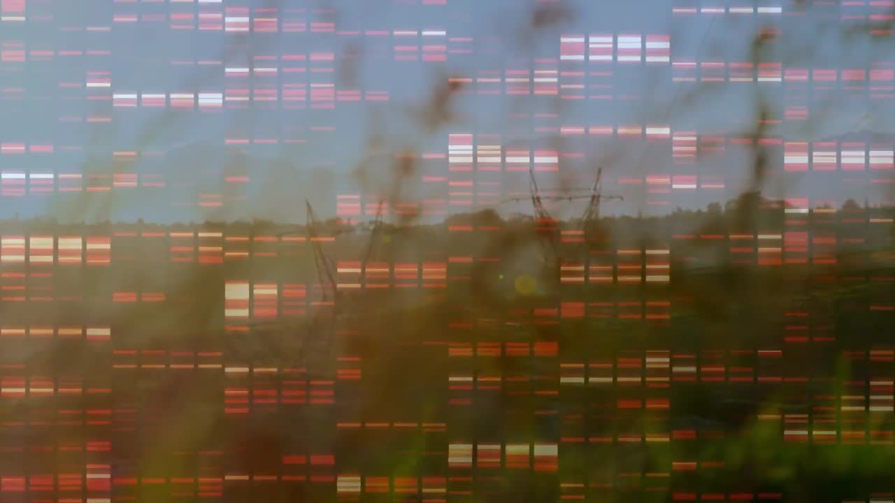 Animation of moving columns over landscape with electricity pylons