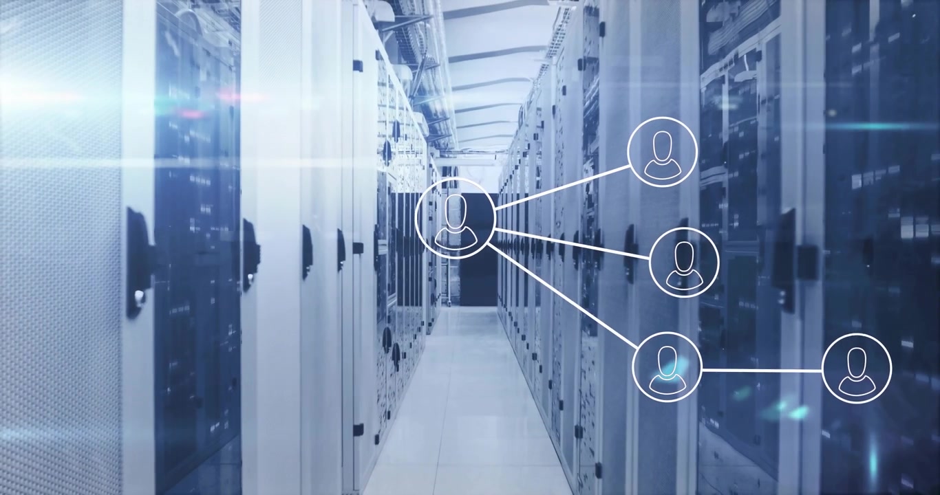 3D render showing server rack corridor extending with translucent network icons hovering on right