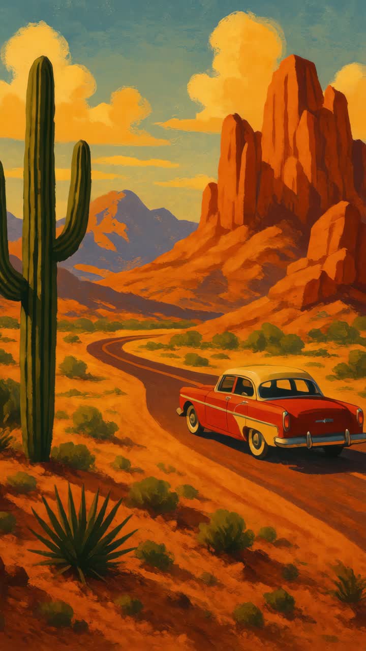 Vintage car drives through desert landscape with towering cacti and red rock formations