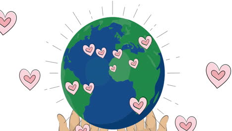 animation of hearts floating over hands holding globe on white background