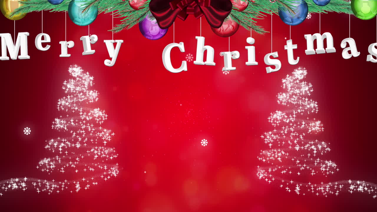 ⁇ 은 배경 에 눈 이 떨어지고 나무 들 위 에 메리 크리스마스 텍스트 를 가진 소나무 의 애니메이션