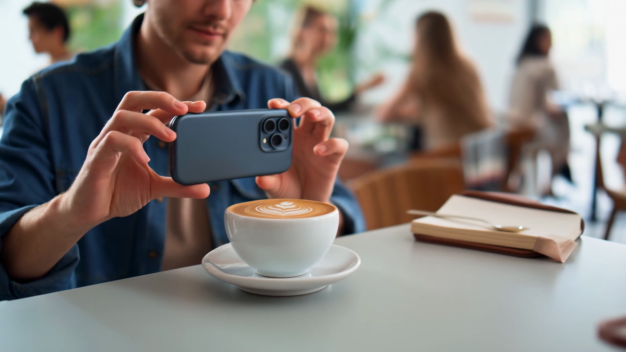 Young Man Photographing Latte In Cafe, Hands Holding Phone Over Cup, Shallow Depth Of Field, Blurred