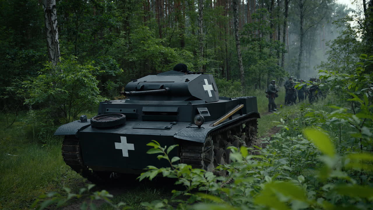 German Military Tank and Troops in a Forest during World War II