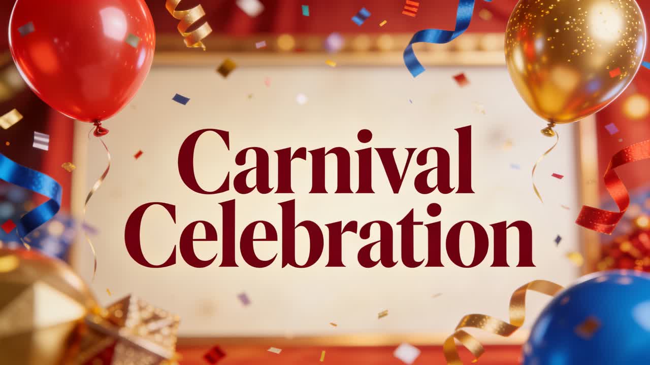 Animoitu Carnival Celebration -otsikko keskellä lavalla, ilmapallot huojuvat, konfettia sataa