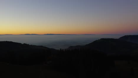 aerial shot over trees revealing misty atmosphere after sunset