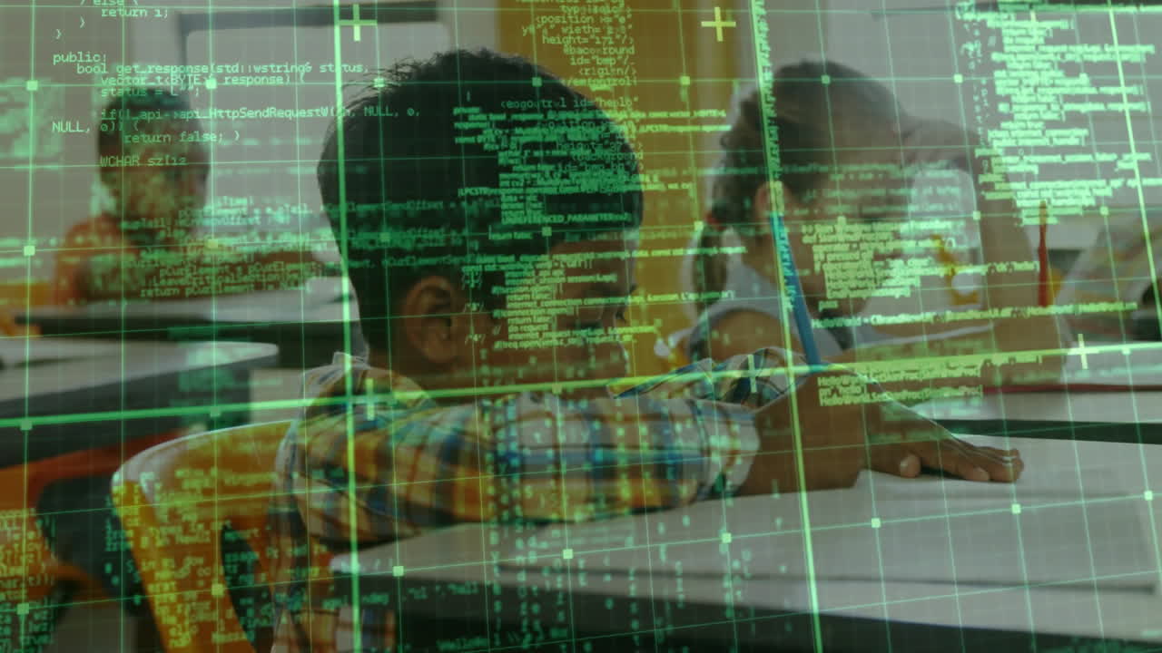 Three students writing with pencils at desks in education scene, featuring green code overlay