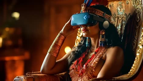 una mujer con un auricular de realidad virtual sentada en una silla