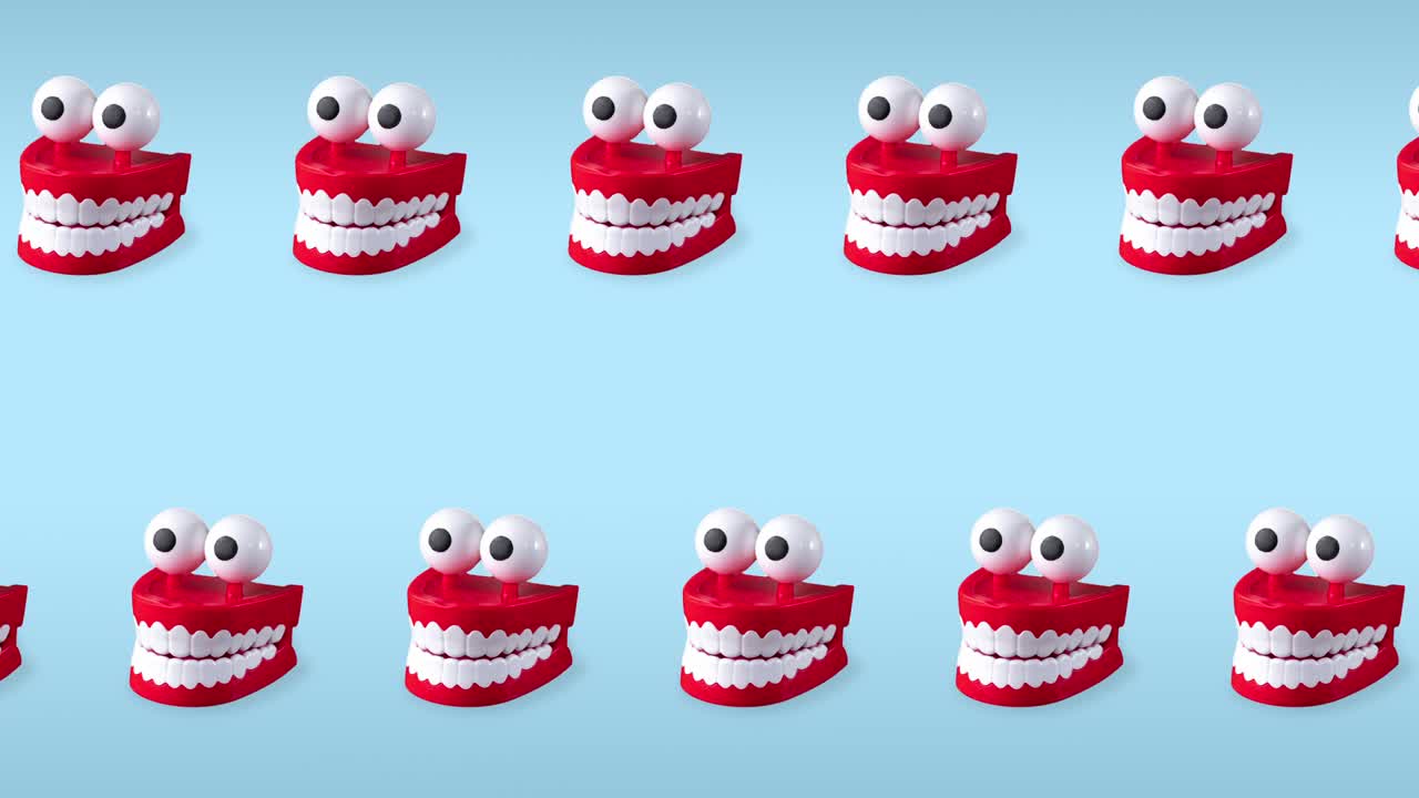 seamless looping animation of two rows chattering teeth toys with big eyes on a blue pastel background. plastic red mouths with white fangs is a concept of oral hygiene and healthy teeth, copy space