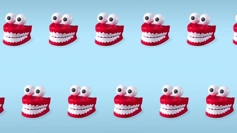 animación de bucle sin fisuras de dos filas de juguetes de dientes chattering con ojos grandes en un fondo azul pastel. bocas rojas de plástico con colmillos blancos es un concepto de higiene bucal y dientes sanos, copiar el espacio