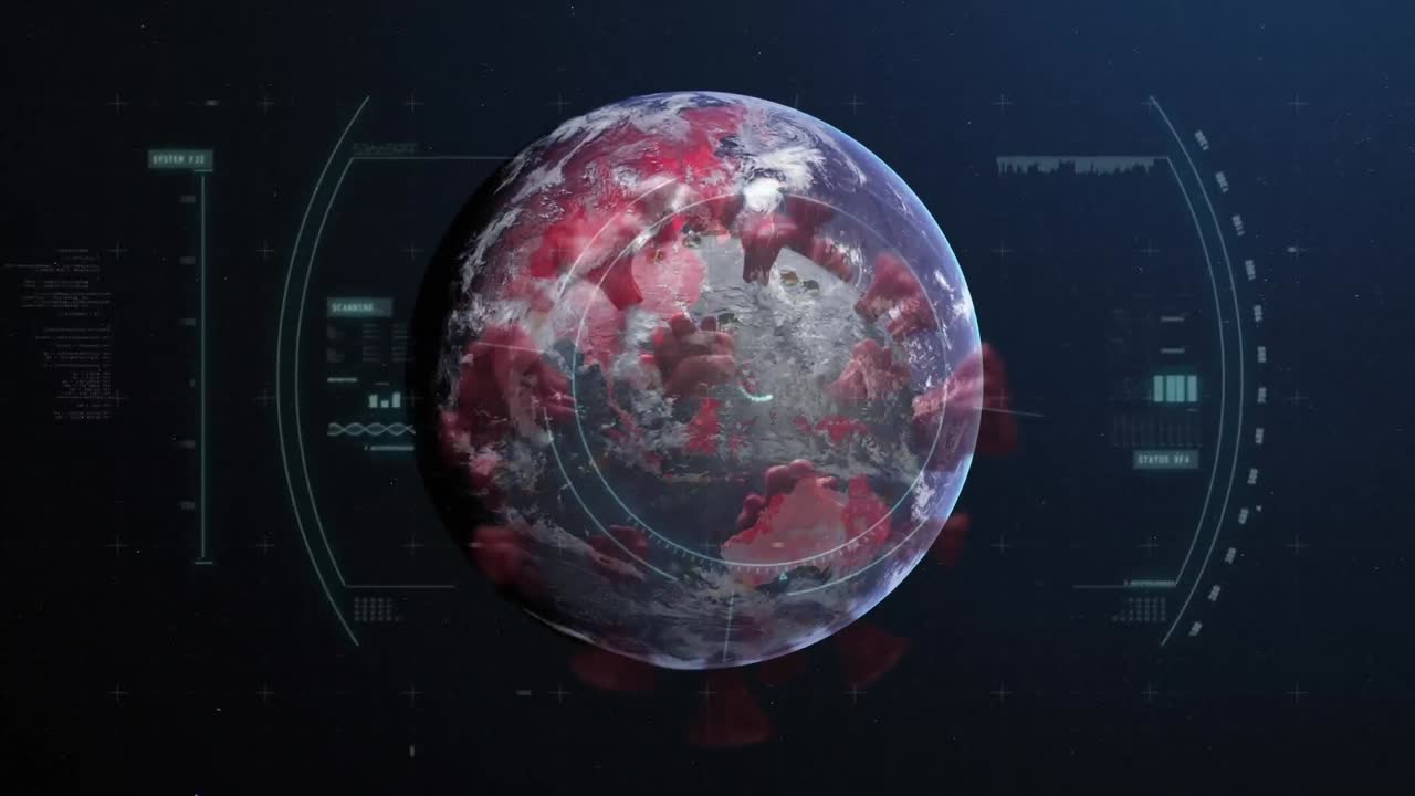 animación de la célula de covid 19 en todo el mundo, escaneo de alcance y procesamiento de datos